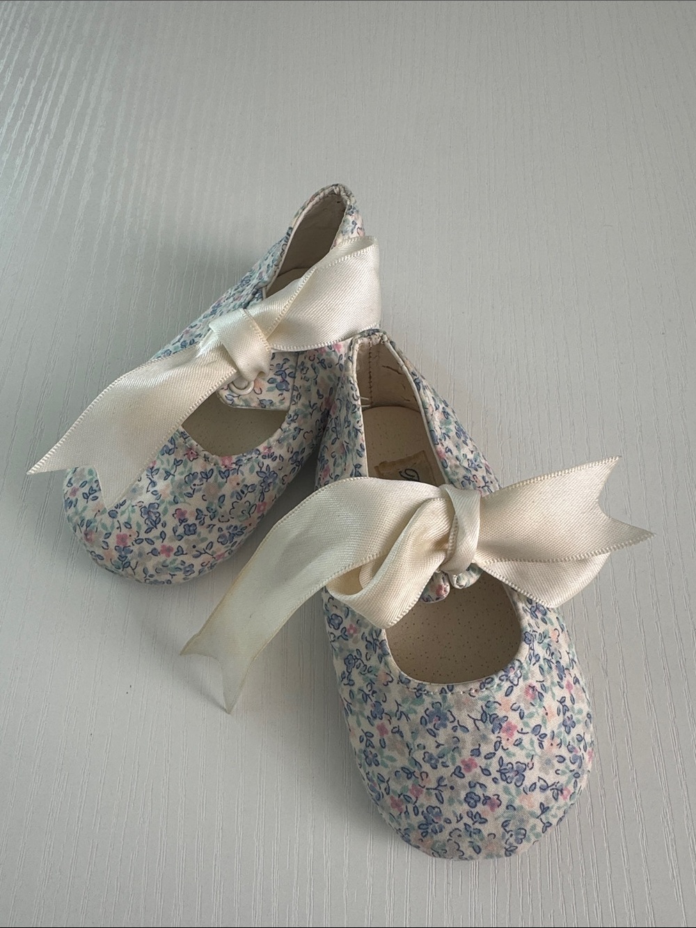 Ralph Lauren Floral Ribbon Baby Mary Janes in Cream and Pastel Blue/Pink